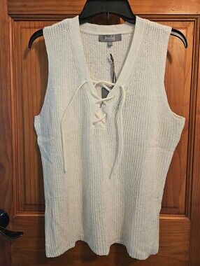 Marled Reunited Clothing Sleeveless V-Neck Pullover Lace Up Sweater Large Ivory